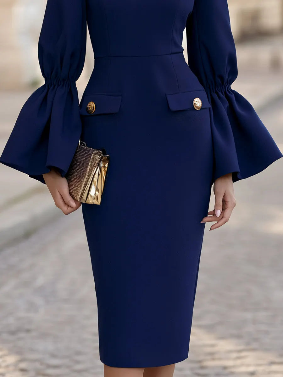 Elegant Long Puff Sleeve Fitted Midi Dress