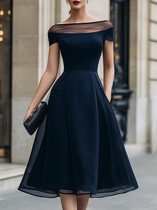Vestido Midi Evasê com Ilusão de Ombro a Ombro em Tule