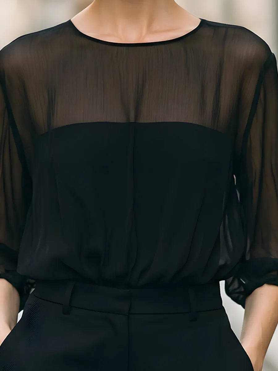 Sheer Puff Sleeve High-Neck Blouse