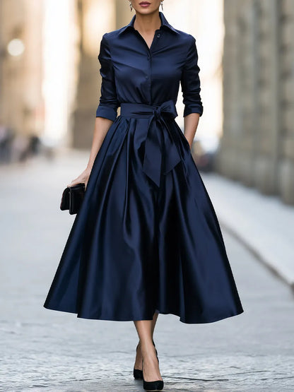 Elegant Navy Satin Shirt Dress with Belted Waist & Full A-Line Midi Skirt