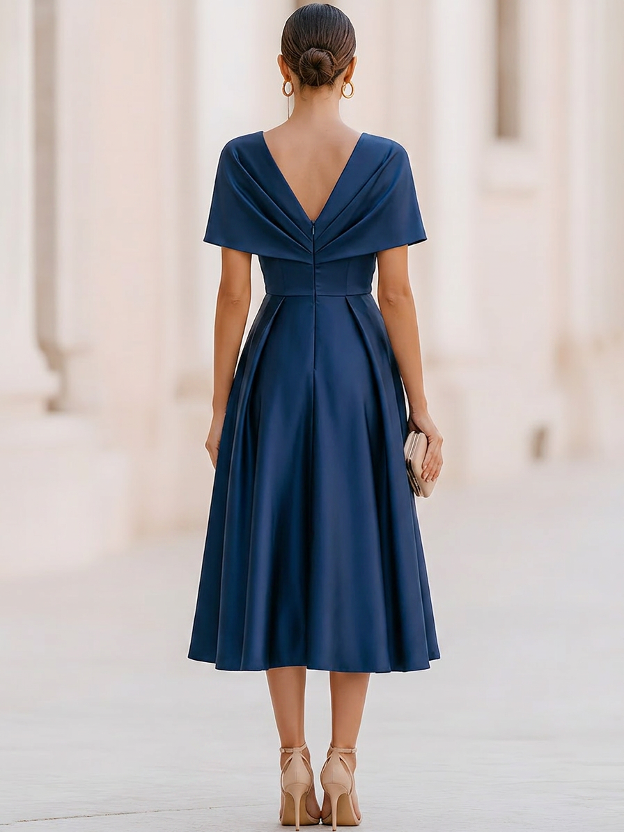 Satin Midi Dress With Shawl-Style Twisted Sleeves