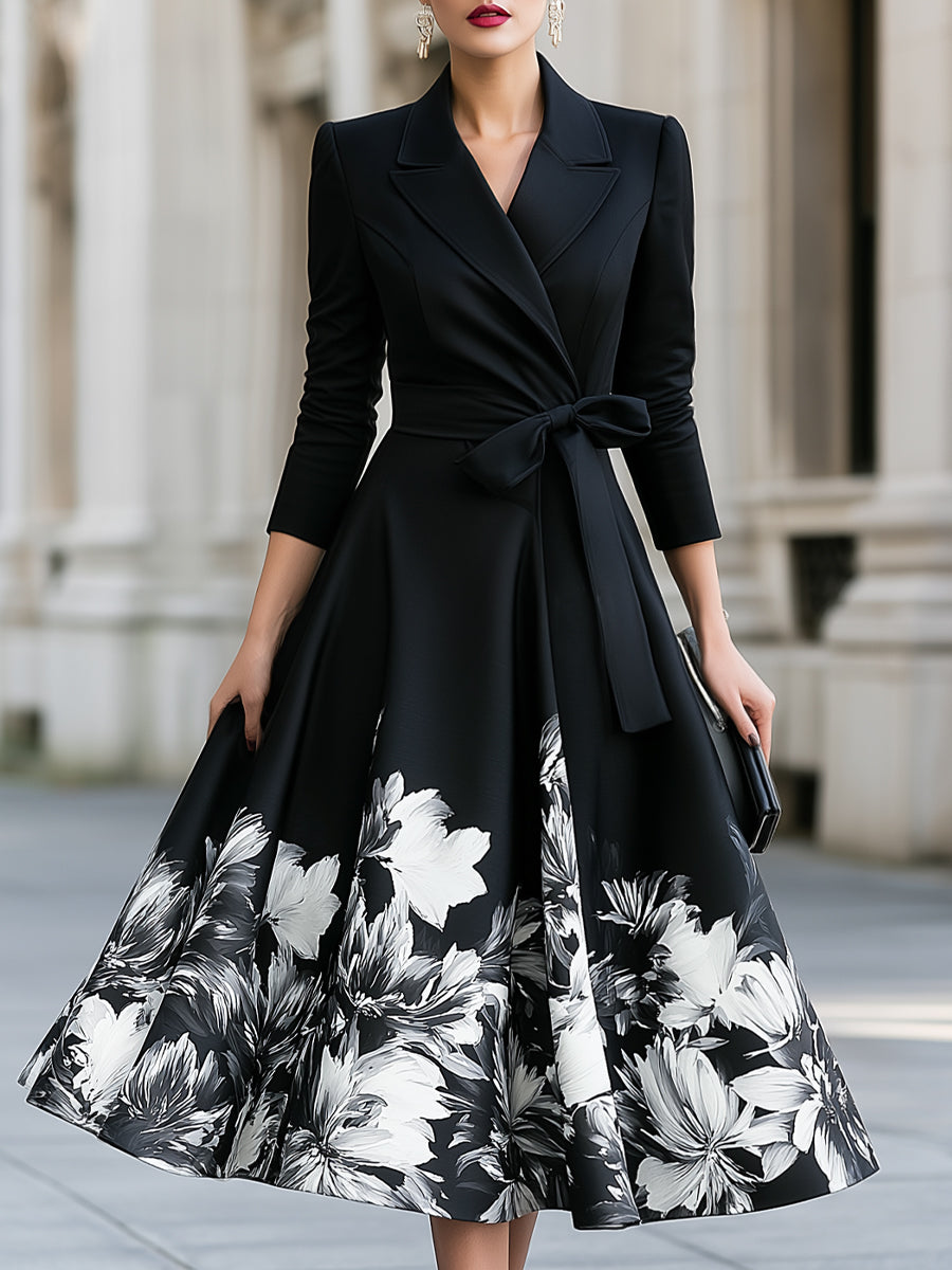 Belted Waist Floral Wrap Blazer Midi Dress