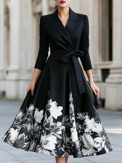 Belted Waist Floral Wrap Blazer Midi Dress