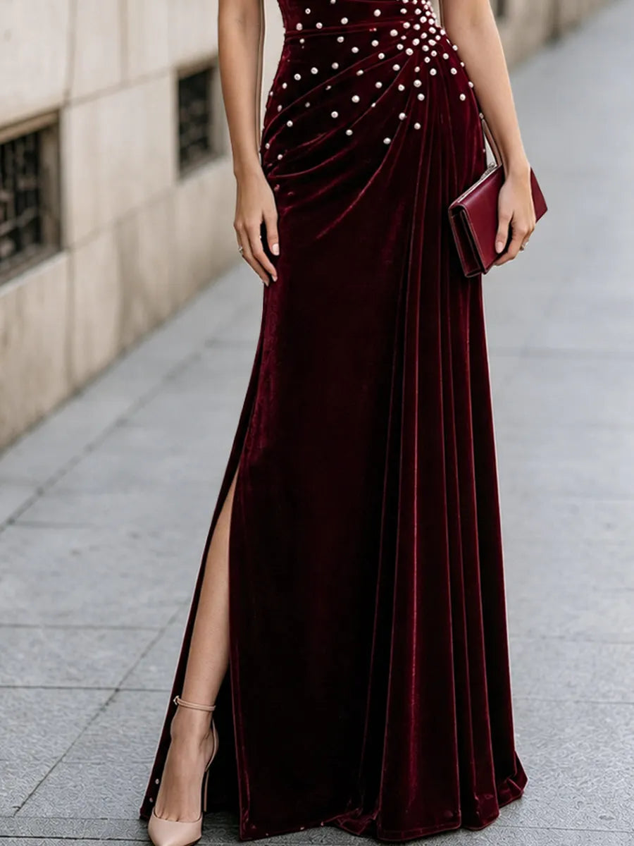 Velvet One-shoulder Pearl-embellished Evening Gown