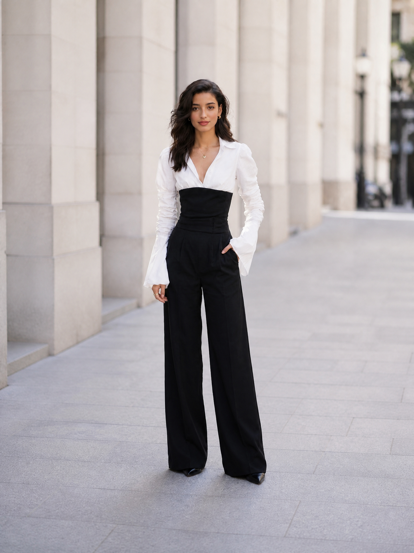 Women's Contrast V-Neck Long Sleeve High Waist Wide Leg Jumpsuit