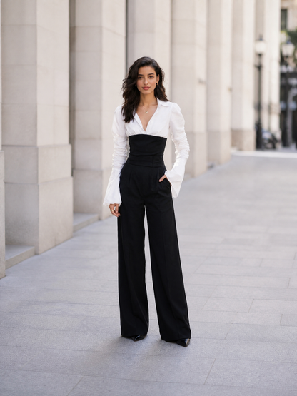 Women's Contrast V-Neck Long Sleeve High Waist Wide Leg Jumpsuit