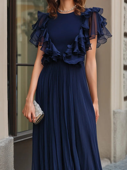 Ruffle-Sleeve Pleated Chiffon Maxi Dress