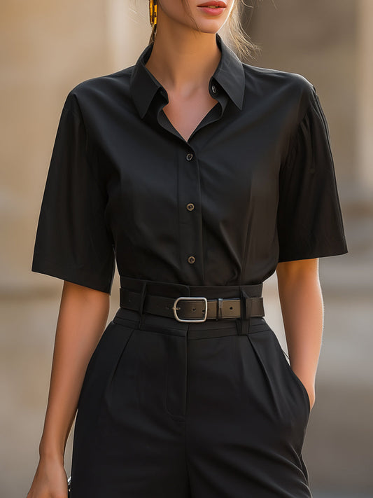 Belted Cotton Short Sleeve Shirt And Wide-Leg Culotte Set