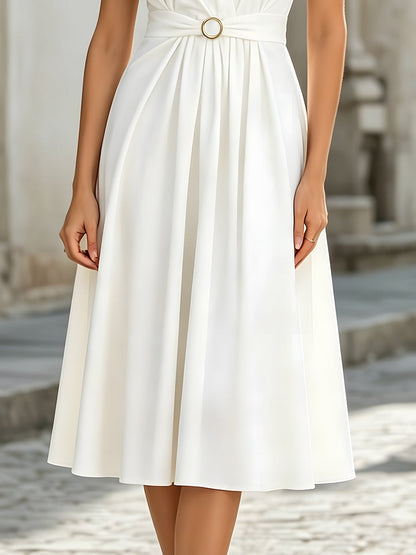 Elegant V-Neck Pleated Waist Belted A-Line Midi Dress