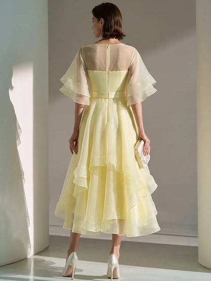 Sheer Yoke Flutter Sleeve Layered Organza Midi Dress