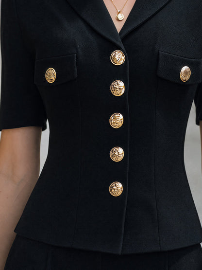 Tailored Gold-Button Blazer-Style Short Sleeve Top