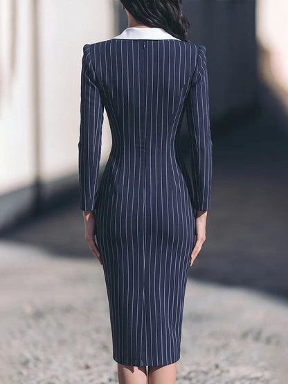 Contrast Collar Pinstripe Midi Dress
