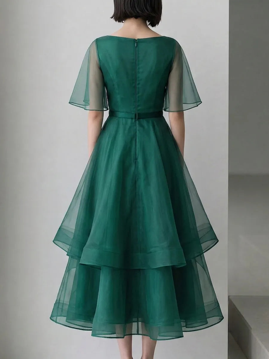 Sheer Cape Sleeve Layered Organza High-Low Midi Dress