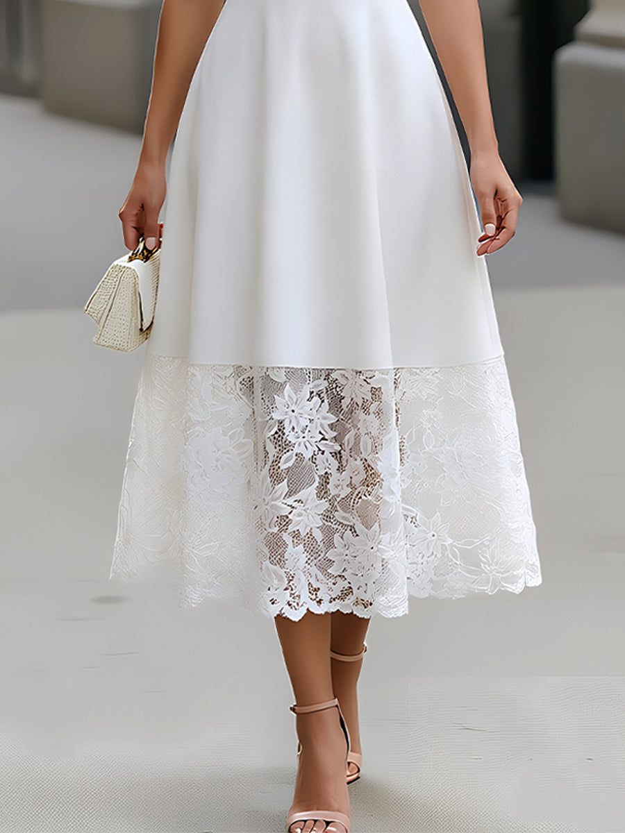Boat Neck Sleeveless Crepe & Floral Lace Hem Midi Dress