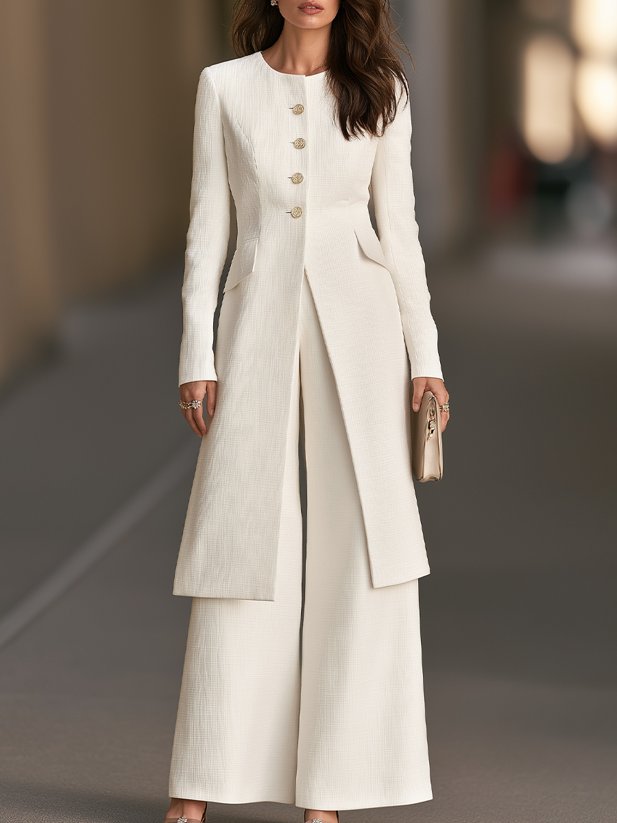 Round-Neck Button-Front Longline Jacket And Wide-Leg Trouser Set