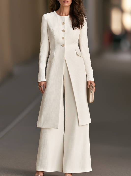 Round-Neck Button-Front Longline Jacket And Wide-Leg Trouser Set