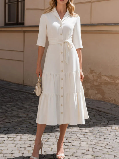 Lapel Collar 3/4 Sleeve Self-Tie Belt Button Front Tiered Midi Shirt Dress