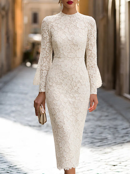 Ivory Floral Lace Long Sleeve Midi Dress