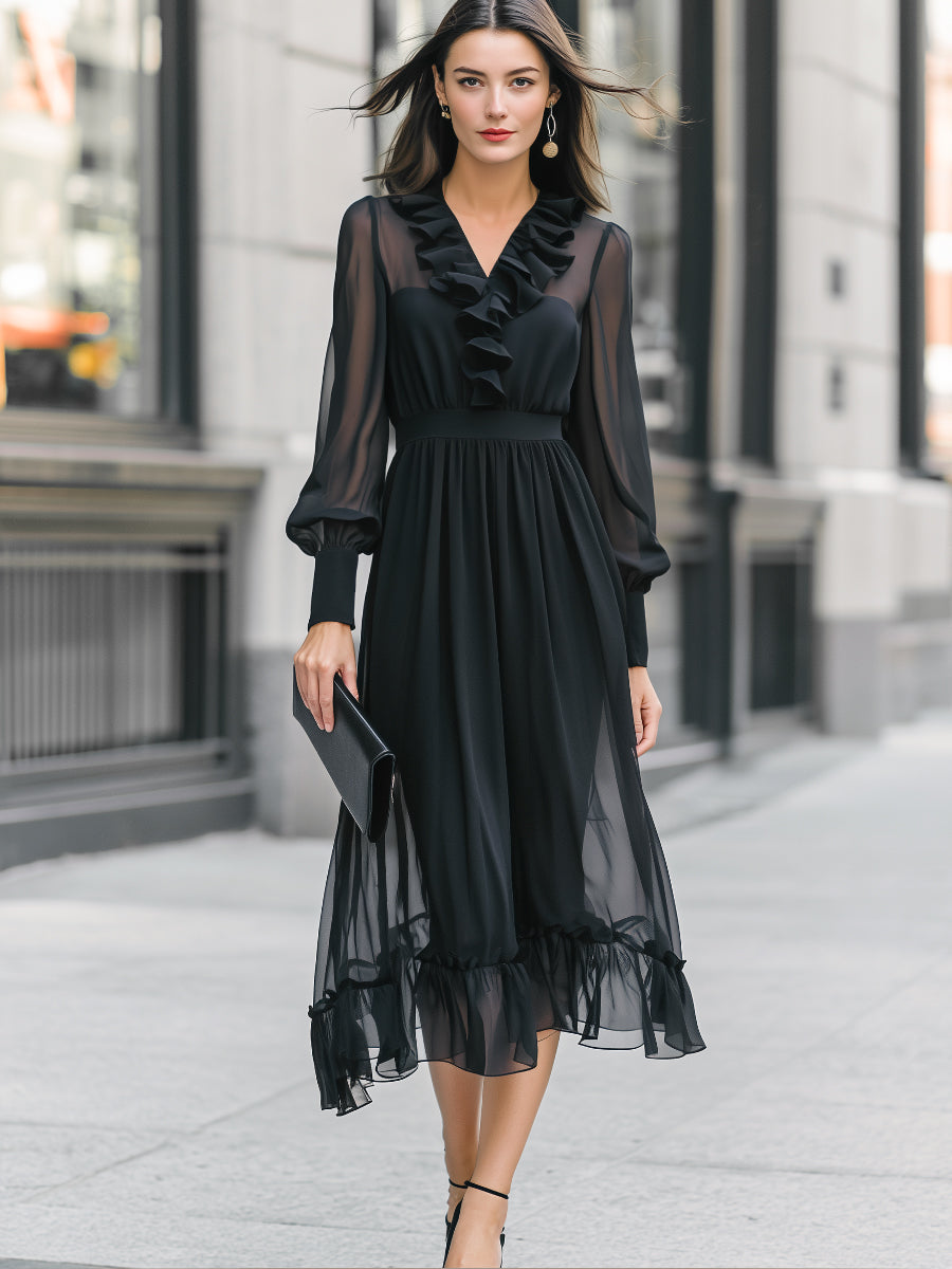 Ruffle Detail Sheer Sleeve Chiffon Midi Dress