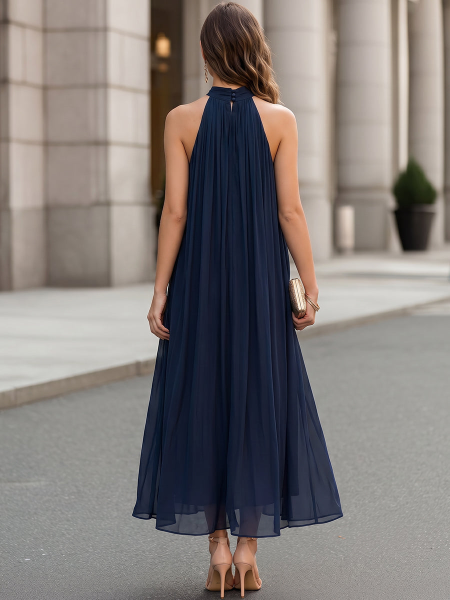 Halter Neck Pleated Chiffon Maxi Dress