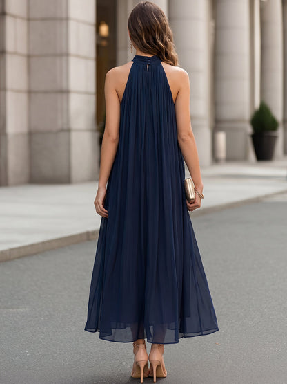 Halter Neck Pleated Chiffon Maxi Dress