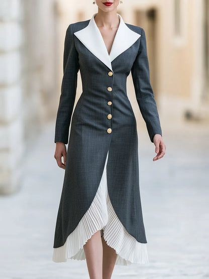 Contrast Lapel Pleated Hem Midi Dress