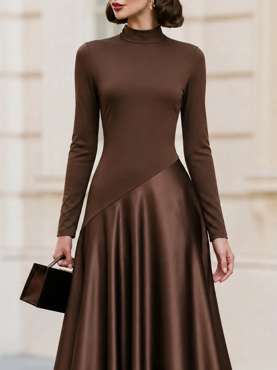 High‐Neck Long‐Sleeve Mixed‐Fabric Satin Maxi Dress
