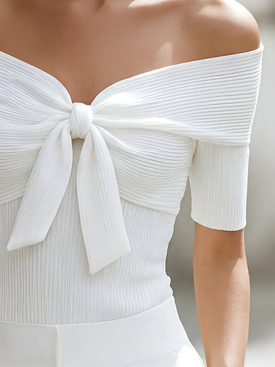 Bow-Front Off-Shoulder Ribbed Short-Sleeve Top