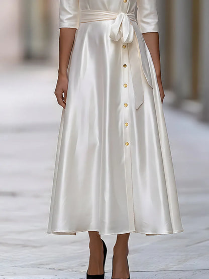 Satin Asymmetric Collar Gold Button Belted Midi Dress