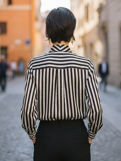Tie-Neck Vertical Stripe Long Sleeve Blouse