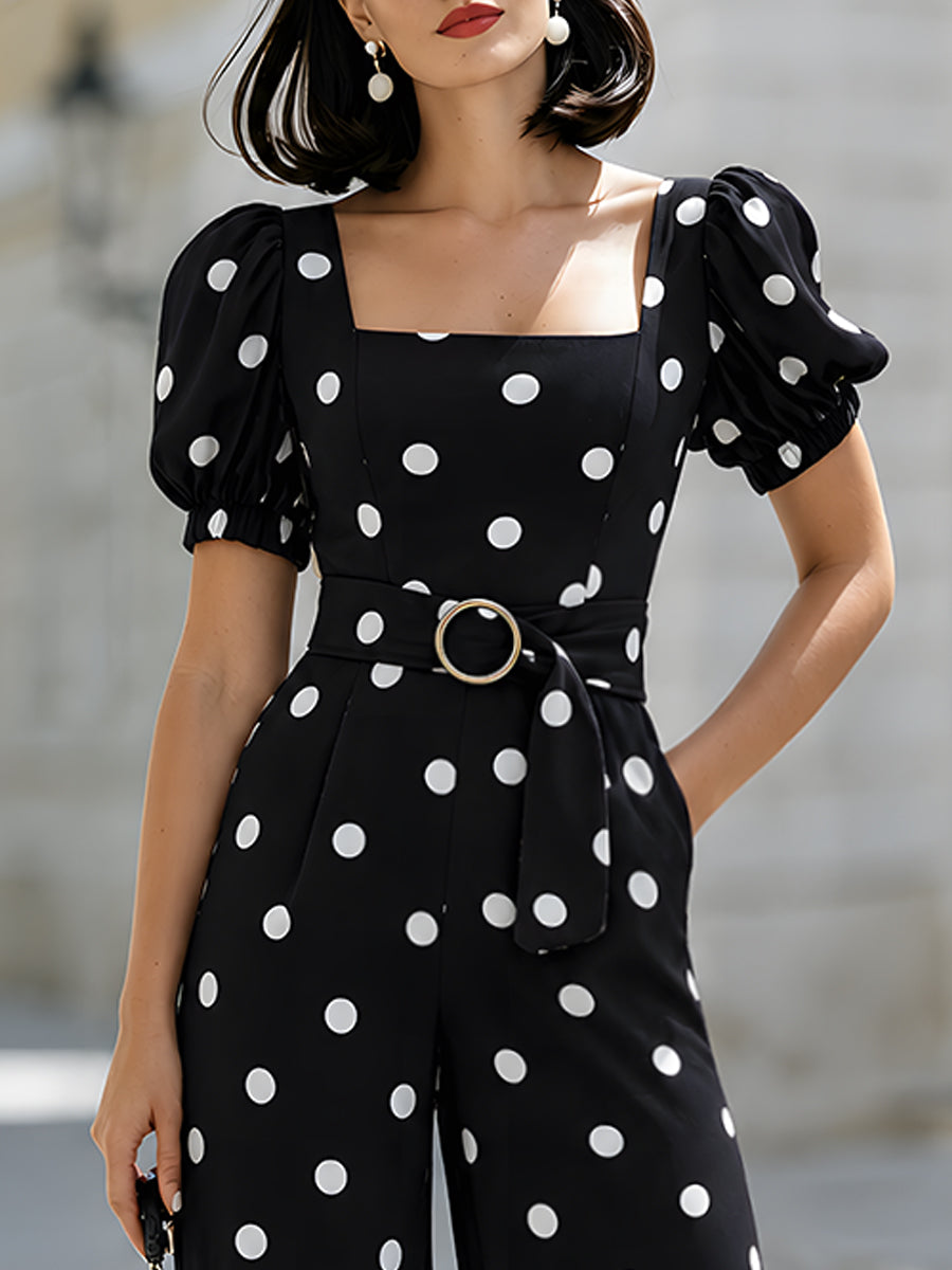 Elegant Polka Dot Puff Sleeve Wide Leg Jumpsuit