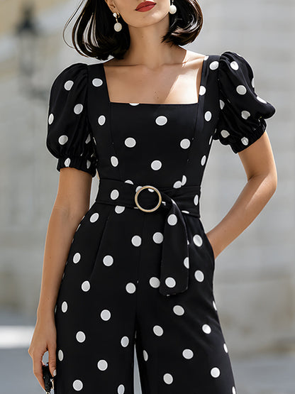 Elegant Polka Dot Puff Sleeve Wide Leg Jumpsuit