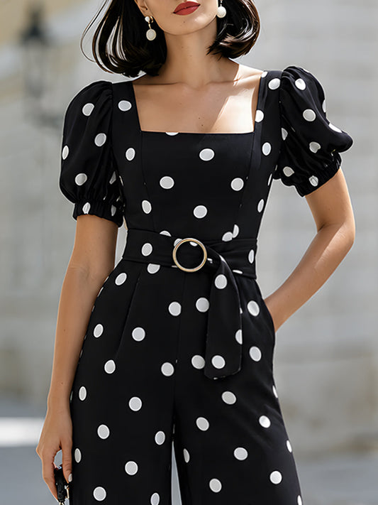 Elegant Polka Dot Puff Sleeve Wide Leg Jumpsuit