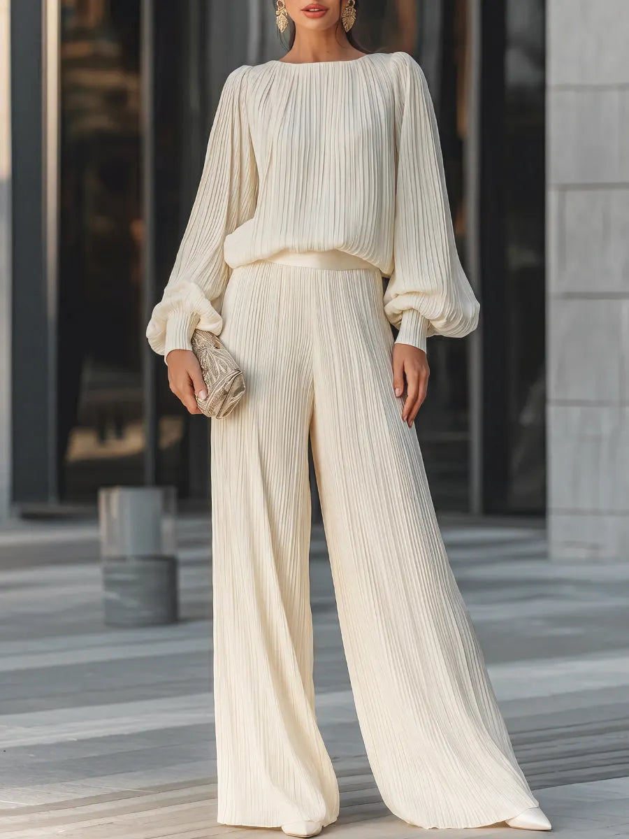 Vertical Pleated Flowing Wide-Leg Two-Piece Set