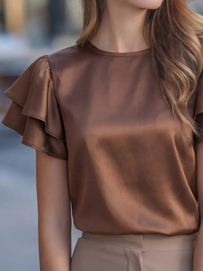 Double-Layer Ruffle-Sleeve Satin Blouse