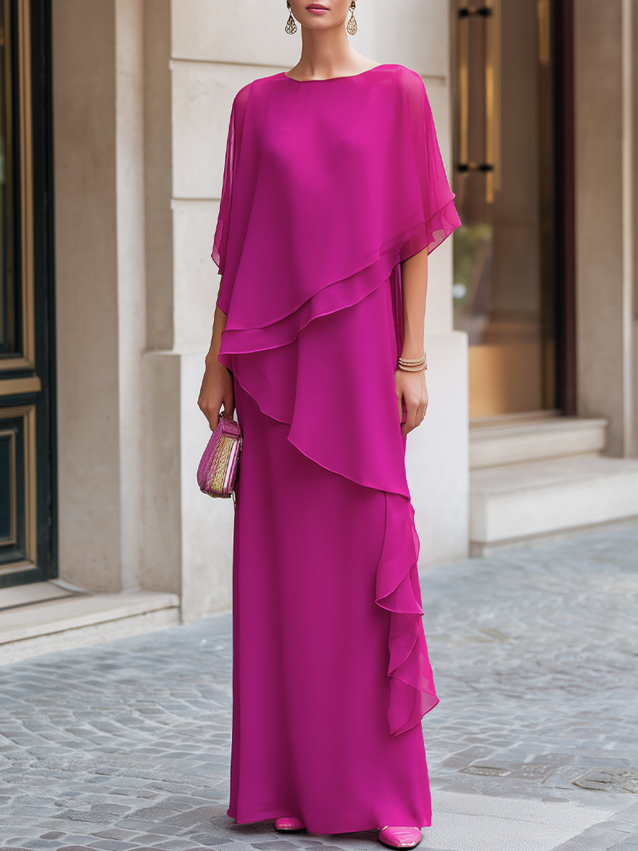 Asymmetric Tiered Chiffon Overlay Cape Maxi Dress