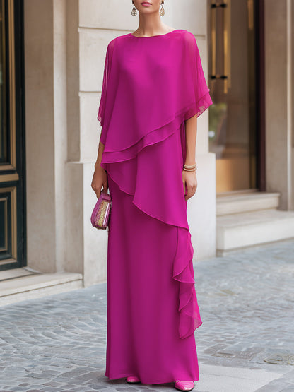 Asymmetric Tiered Chiffon Overlay Cape Maxi Dress