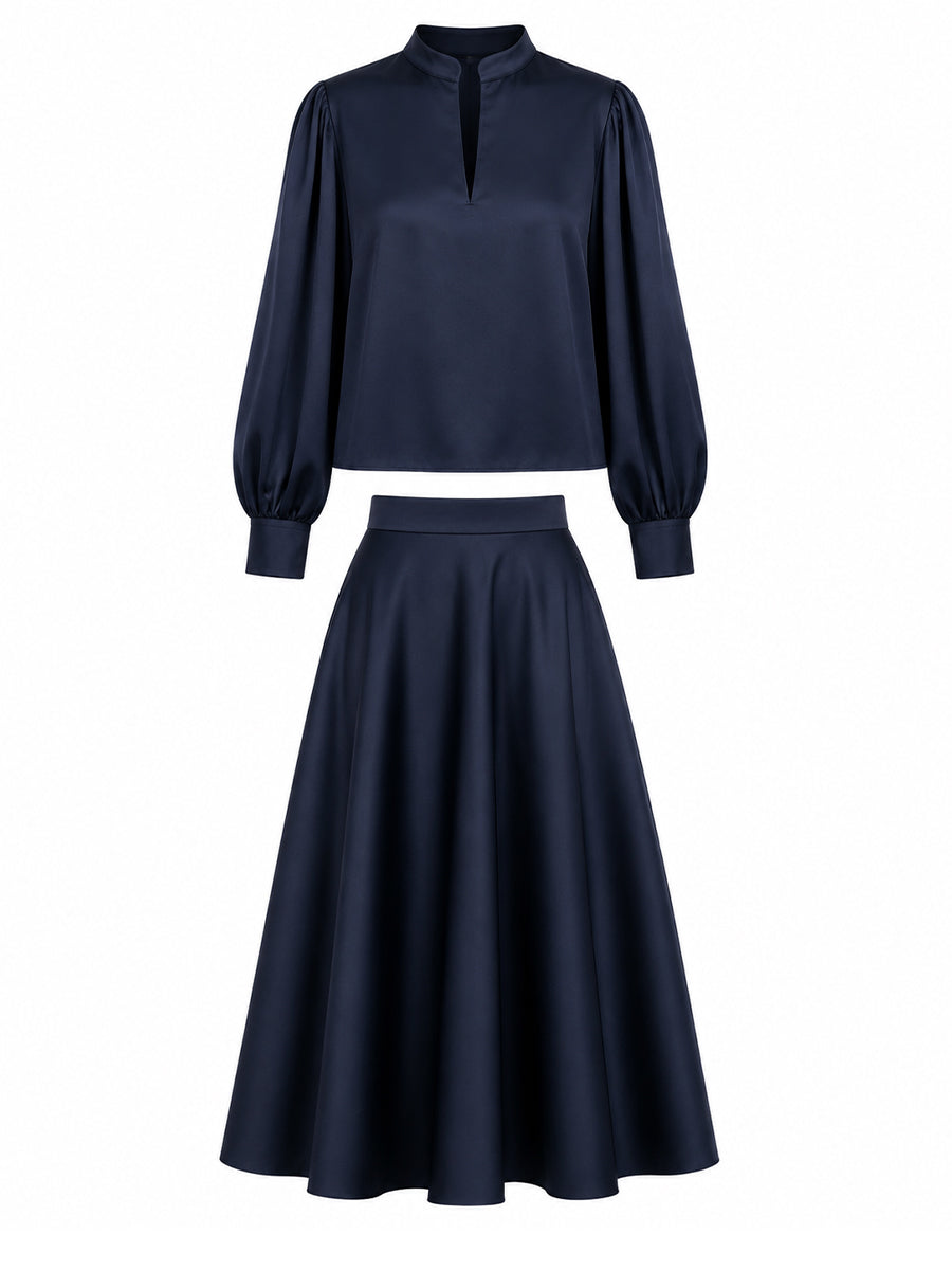 Stand Collar Keyhole Top & High Waist Midi Skirt Two-Piece Co-Ord Set