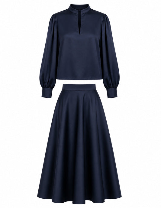 Stand Collar Keyhole Top & High Waist Midi Skirt Two-Piece Co-Ord Set