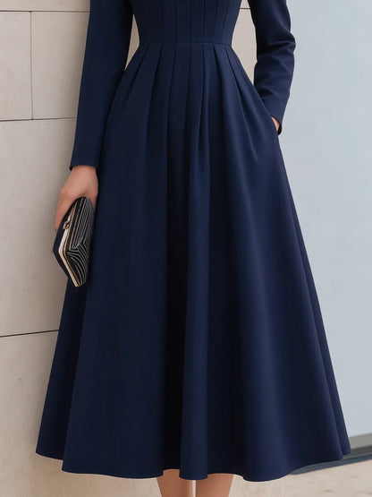 Elegant Pleated Waist A-Line Midi Dress