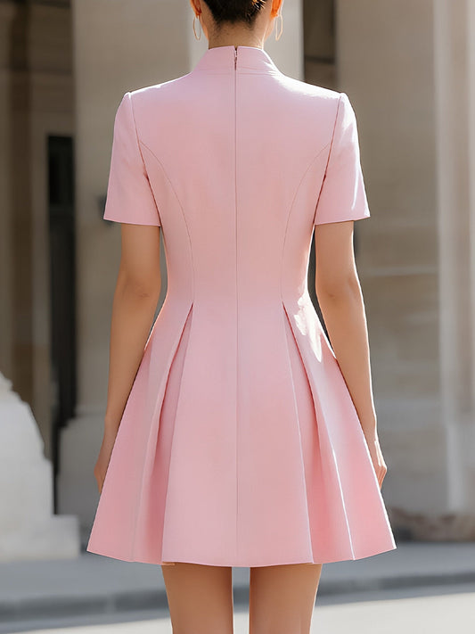 Mandarin Collar Short-Sleeve Fit-and-Flare Mini Dress