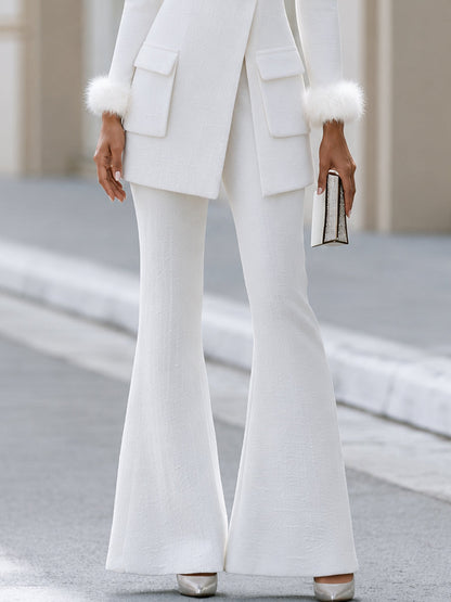 Textured Feather‐Cuff Peplum Blazer & Flared Pants Two‐Piece Suit
