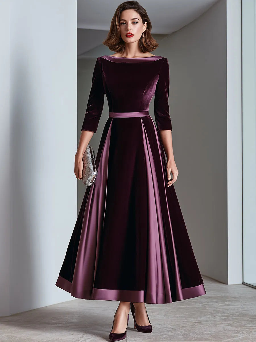 Satin Trim Bateau Neck Velvet A-Line Midi Dress