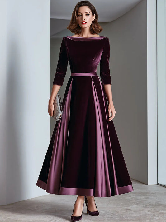 Satin Trim Bateau Neck Velvet A-Line Midi Dress