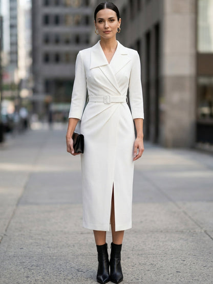 Belted Wrap Front Blazer Midi Dress With Notched Lapel