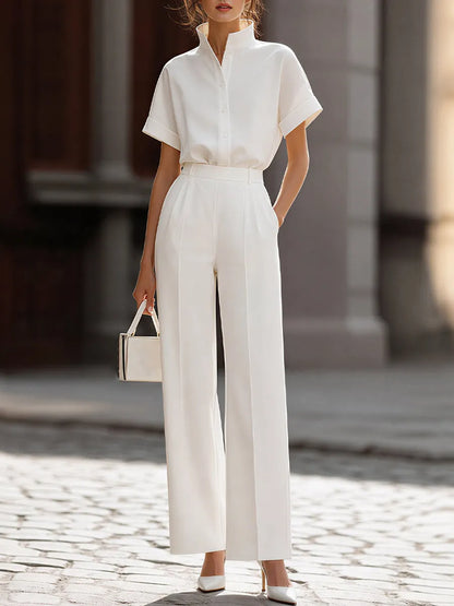 Mandarin-Collar Short-Sleeve Shirt & High-Waisted Wide-Leg Trousers Two-Piece Suit