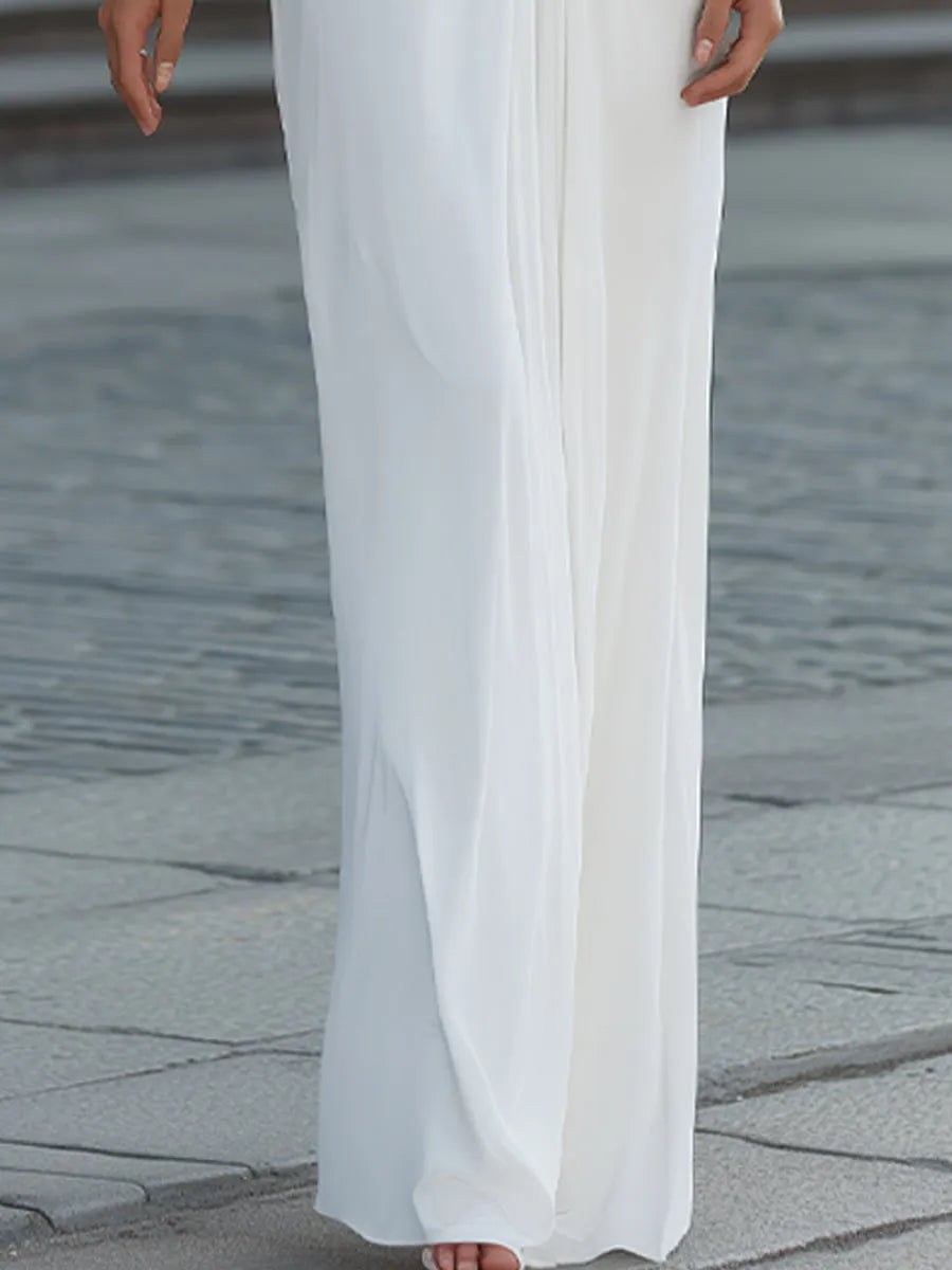 Plunging V-Neck Pleated Ruched Cape Sleeve Maxi Dress