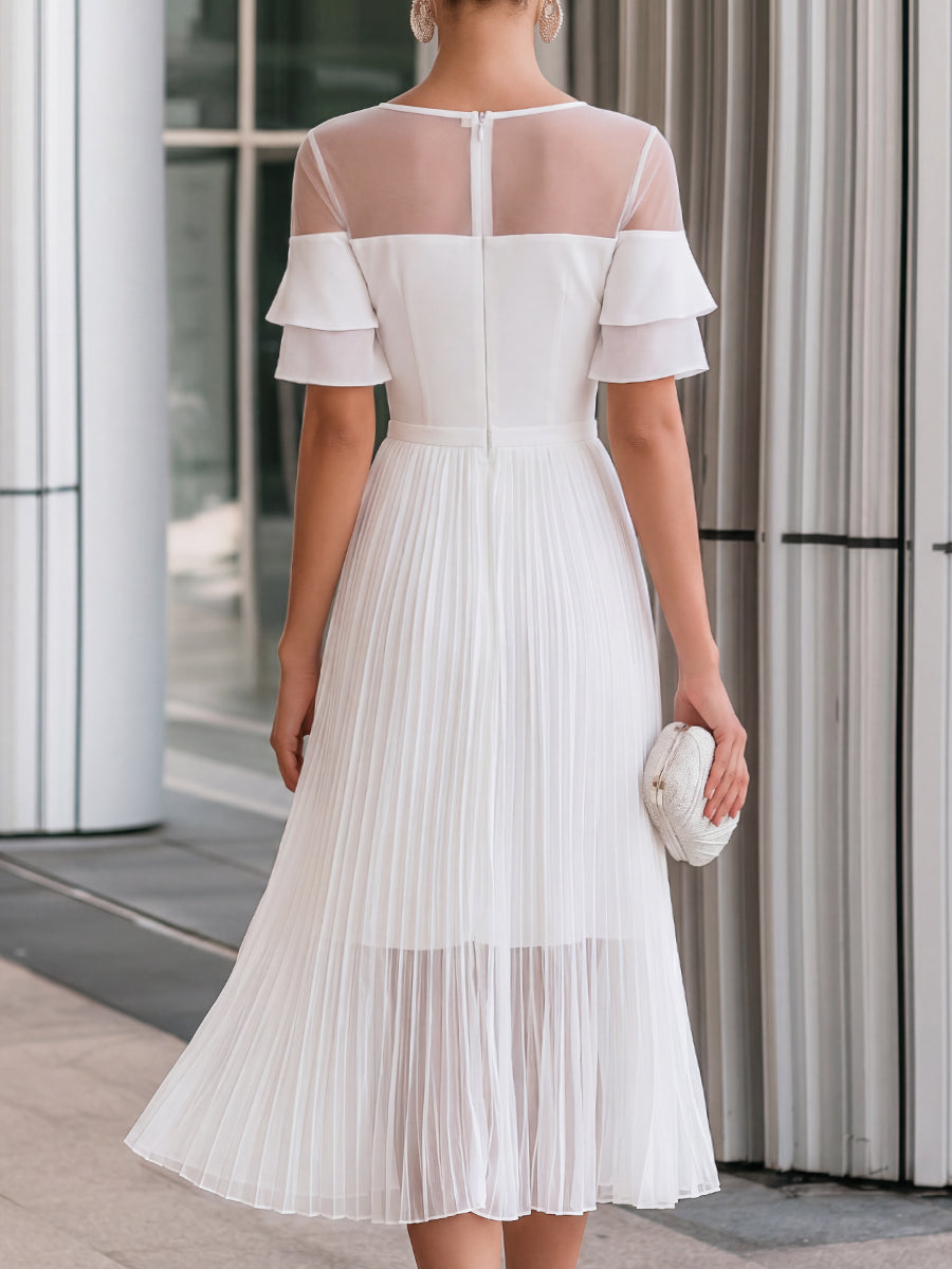 Sheer Mesh Neck Chiffon Pleated A-Line Midi Dress
