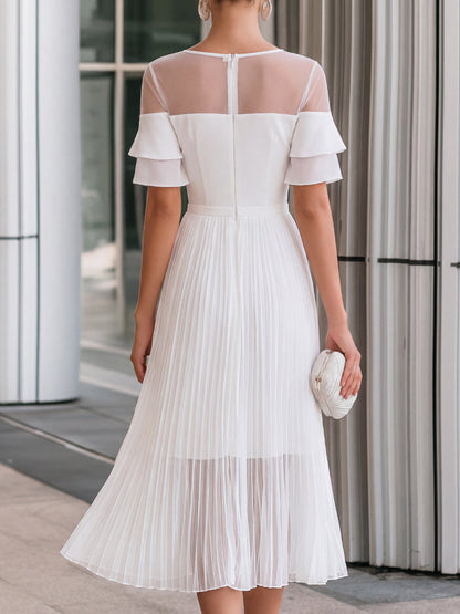 Sheer Mesh Neck Chiffon Pleated A-Line Midi Dress
