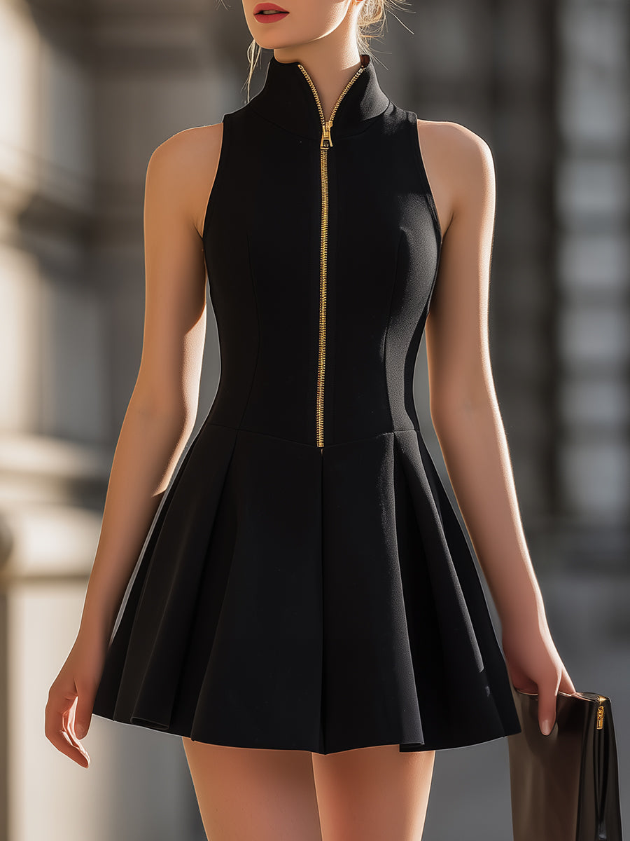 Stand-Up Collar Gold-Zip Sleeveless Fit-and-Flare Mini Dress